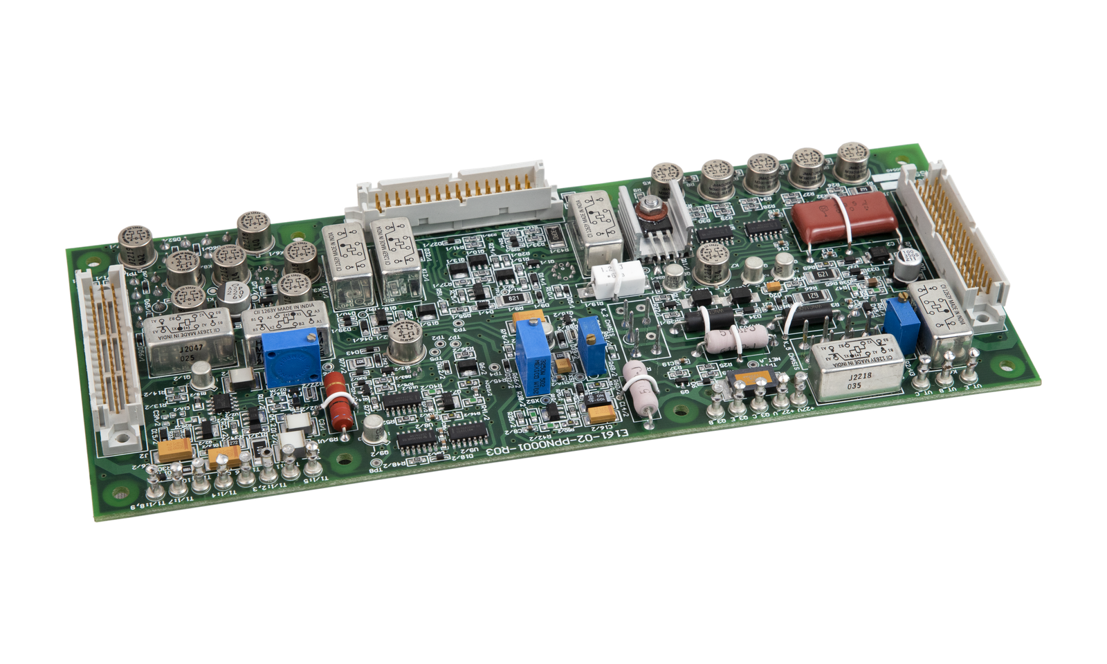 Mil-Spec populated PCB assembly E161-02-PPN0001-R03 with hermetic relays and DIN eurocard connectors